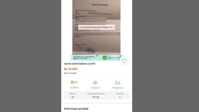 Heboh, Surat Bebas Covid-19 Diperdagangkan Di Tokopedia
