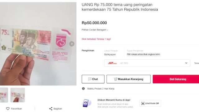 Pecahan 75rb Dijual Seharga Jutaan Rupiah di Marketplaces, Ini Komentar BI