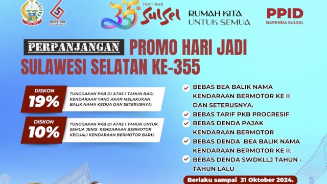 Sambut HUT Sulsel ke-355, Bapenda Sulsel Beri Diskon Pajak Kendaraan Hingga 19 Persen