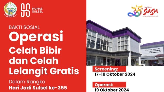 HUT ke-355 Sulsel, Pemprov Gelar Operasi Celah Bibir dan Celah Lelangit Gratis