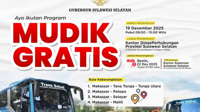 Program Mudik Gratis Nataru dari Gubernur Sulsel Siapkan 7 Armada Bus Bagi 250 Penumpang, Ini Rutenya