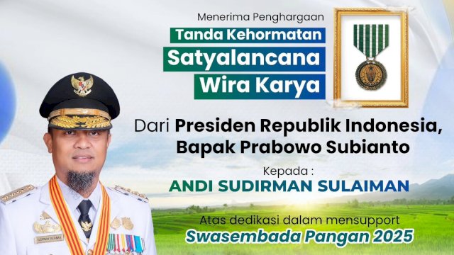 Sukses Tingkatkan Pertanian, Gubernur Sulsel Terima Satyalancana Wira Karya dari Presiden Prabowo