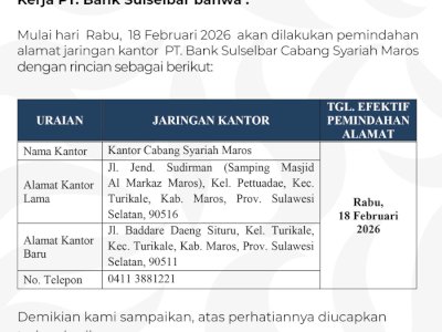 Pengumuman : Disampaikan kepada seluruh masyarakat,nasabah dan mitra kerja PT.Bank Sulselbar :