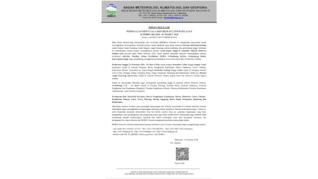 Lebat dan Angin Kencang Mengintai Sejumlah Wilayah Sulsel, BMKG Keluarkan Peringatan Dini