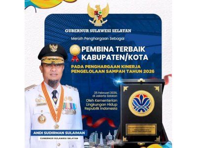 Gubernur Sulsel Terima Penghargaan Pembina Terbaik Pengelolaan Sampah 2026