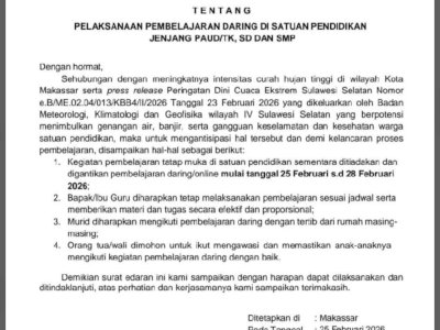 Antisipasi Cuaca Buruk, Disdik Makassar Keluarkan SE Belajar dari Rumah