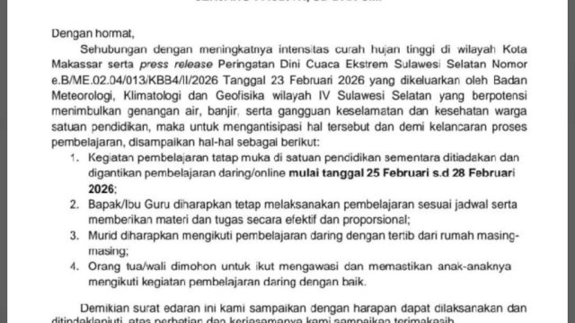 Antisipasi Cuaca Buruk, Disdik Makassar Keluarkan SE Belajar dari Rumah