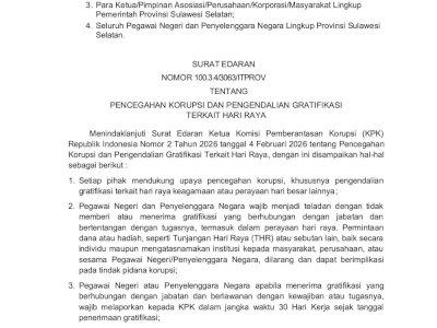 Gubernur Sulsel Keluarkan Edaran Pencegahan Gratifikasi Terkait Hari Raya bagi ASN
