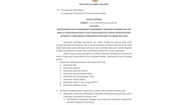 Pemprov Sulsel Terbitkan Edaran Anti Kekerasan terhadap Perempuan dan Anak bagi ASN