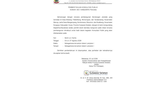 Tahap Konsultasi Publik Pembangunan Bendungan Jenelata di Kabupaten Gowa Segera Dimulai